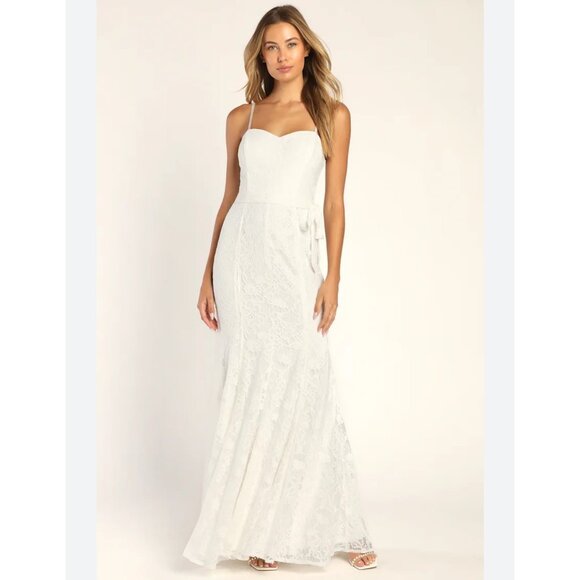 NWT Lulus Bridal Everlasting Emotion White Lace Mermaid Maxi Dress Size Large - Picture 1 of 8